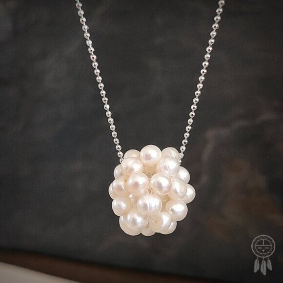 Real Pearl Pendant Necklace Freshwater Cluster Sterling Silver - Picture 2 of 12